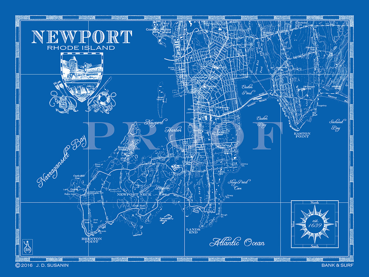 Narragansett Bay and Newport Harbor, Rhode Island, Letterpress printed Map offers (Dark Grey)